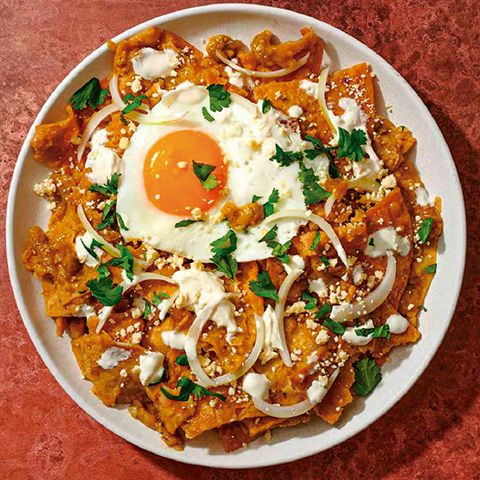 Chilaquiles with one fried or scrambled egg Red Sauce